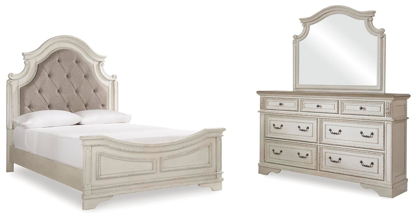 Cama tapizada Realyn Queen con tocador con espejo