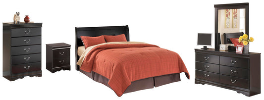 Cabecero Huey Vineyard Queen Sleigh con tocador, cómoda y mesita de noche con espejo