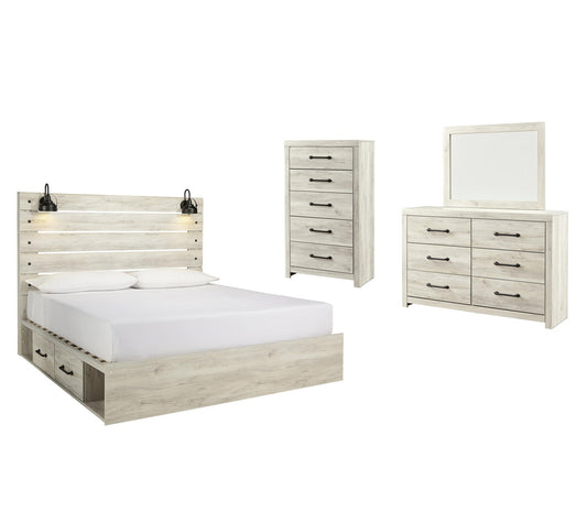 Cama Cambeck tamaño King con cabecero y dos cajones, tocador con espejo, cómoda y mesita de noche.