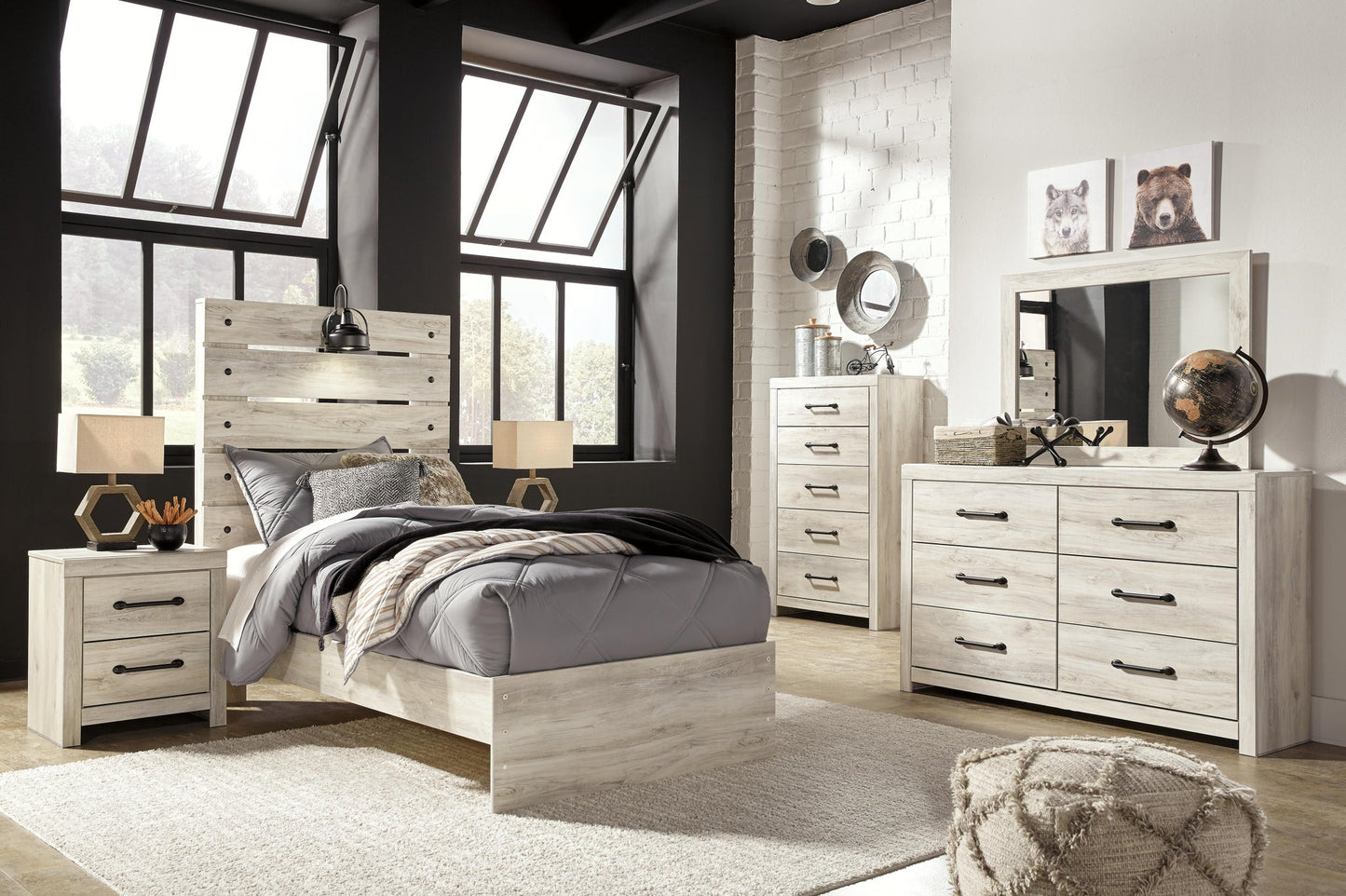 Cama doble Cambeck con tocador con espejo, cómoda y mesita de noche