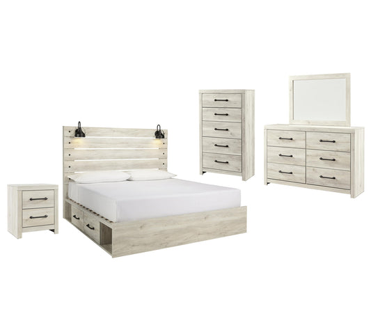 Cama Cambeck tamaño King con cabecero y cuatro cajones, tocador con espejo, cómoda y mesita de noche.