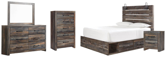 Cama Drystan tamaño Queen con dos cajones, tocador con espejo, cómoda y mesita de noche.