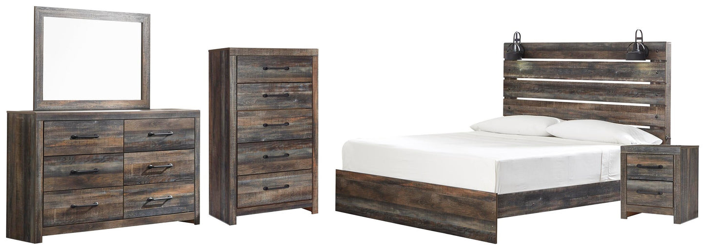 Cama Drystan tamaño King con cabecero, tocador con espejo, cómoda y mesita de noche