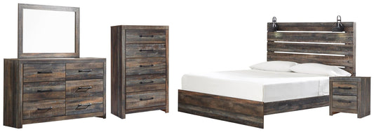 Cama Drystan tamaño King con cabecero, tocador con espejo, cómoda y mesita de noche