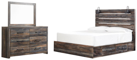 Cama Drystan King con dos cajones de almacenamiento y tocador con espejo