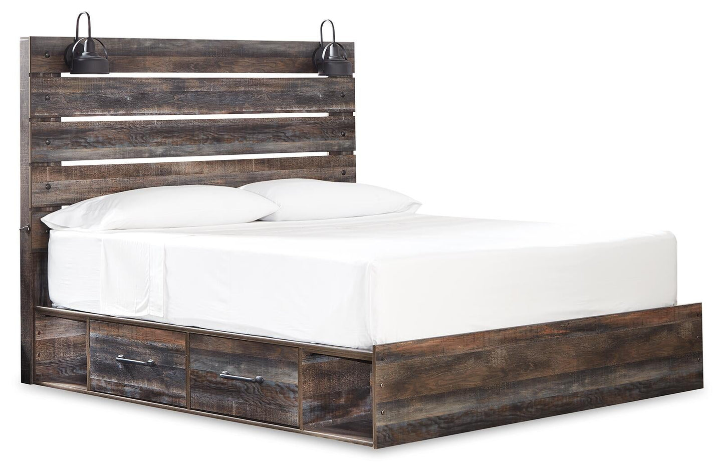 Cama Drystan tamaño King con dos cajones, tocador con espejo, cómoda y mesita de noche.