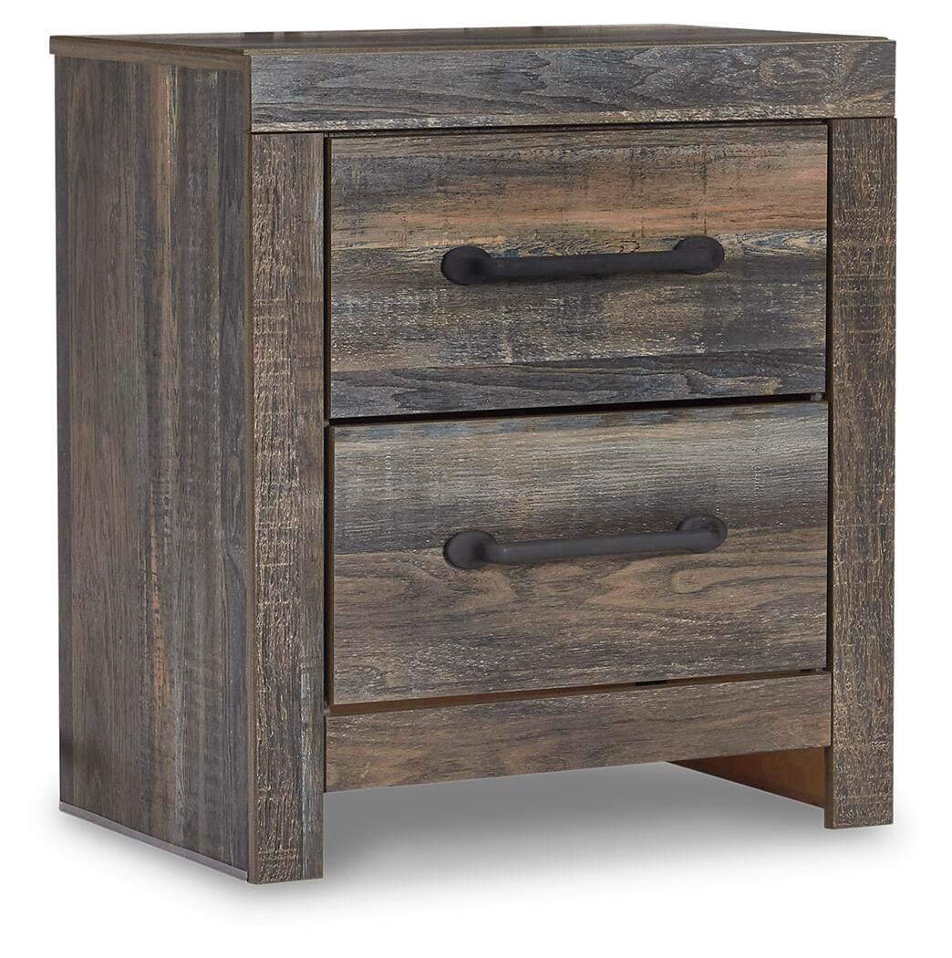 Cama Drystan tamaño King con dos cajones, tocador con espejo, cómoda y mesita de noche.