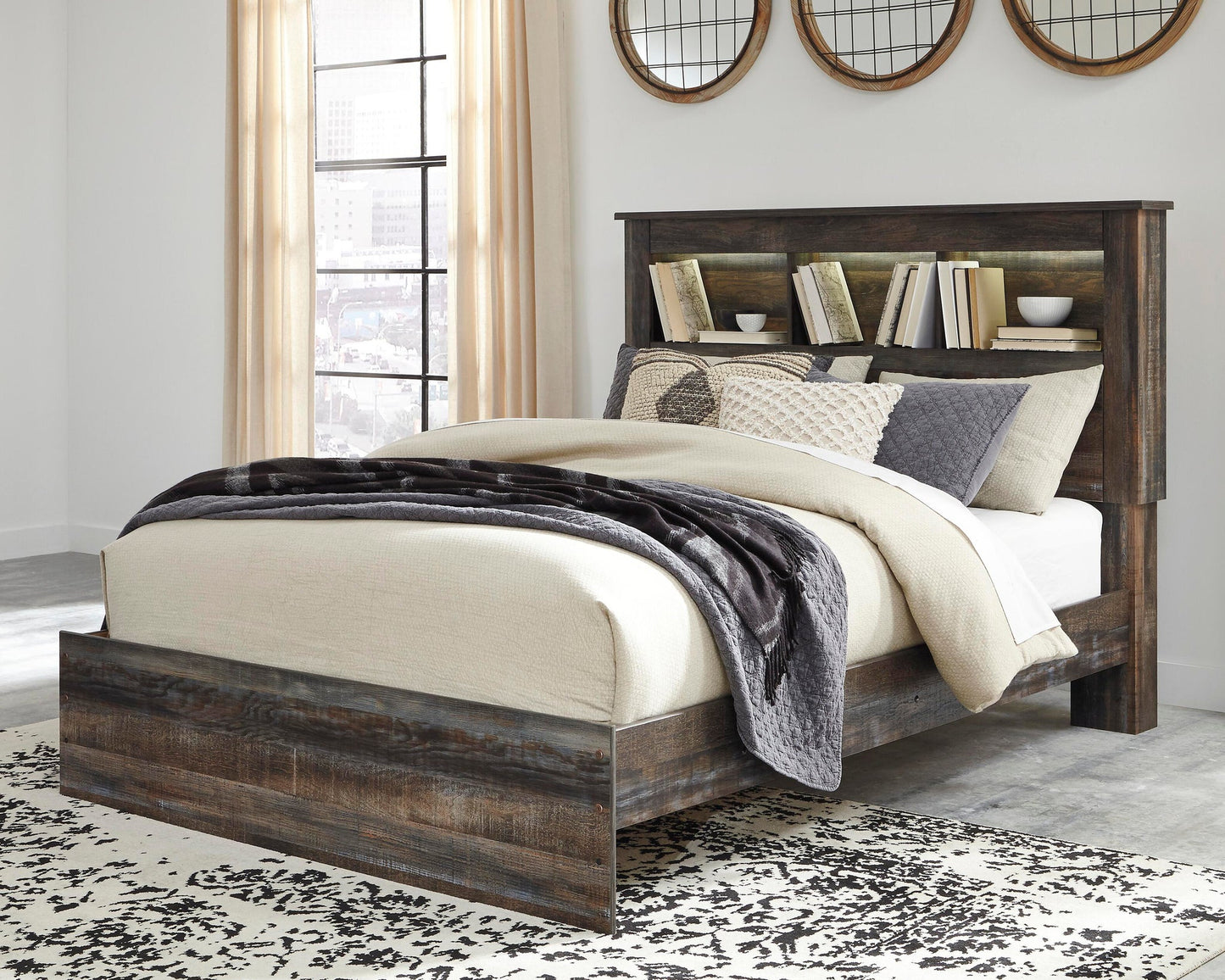 Cama con estantería Drystan Queen con tocador con espejo