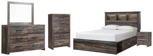Cama Drystan Queen con estantería, dos cajones, tocador con espejo, cómoda y mesita de noche.