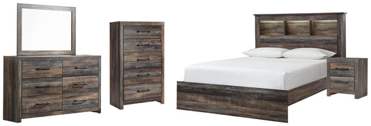 Cama Drystan Queen con estantería, tocador con espejo, cómoda y mesita de noche.