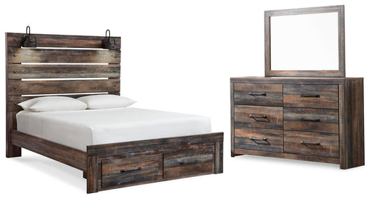 Cama Drystan Queen con dos cajones de almacenamiento y tocador con espejo