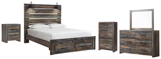 Cama Drystan tamaño Queen con dos cajones, tocador con espejo, cómoda y mesita de noche.