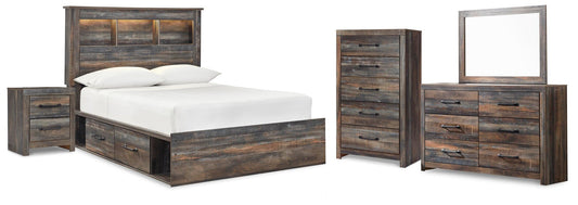 Cama Drystan de tamaño completo con estantería, 4 cajones, tocador con espejo, cómoda y mesita de noche.
