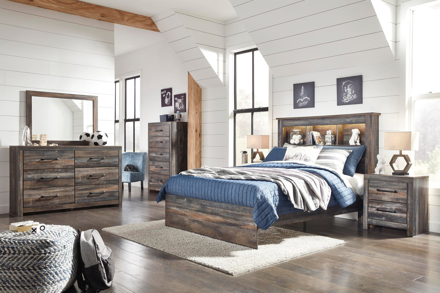 Cama Drystan con librero completo y tocador con espejo