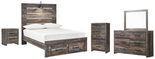 Cama Drystan de tamaño completo con dos cajones, tocador con espejo, cómoda y mesita de noche.
