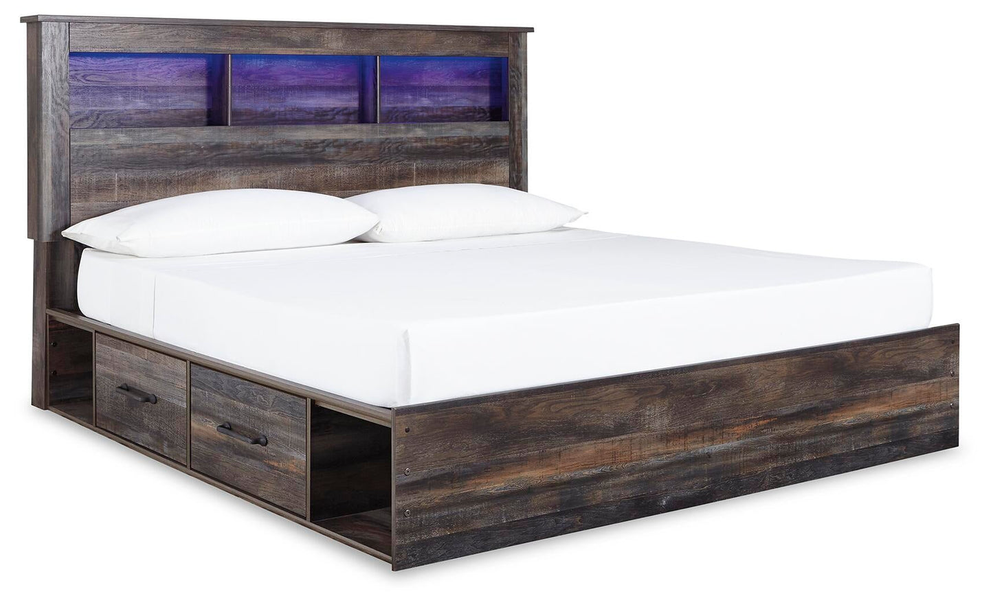Cama Drystan King con estantería, 2 cajones de almacenamiento y tocador con espejo