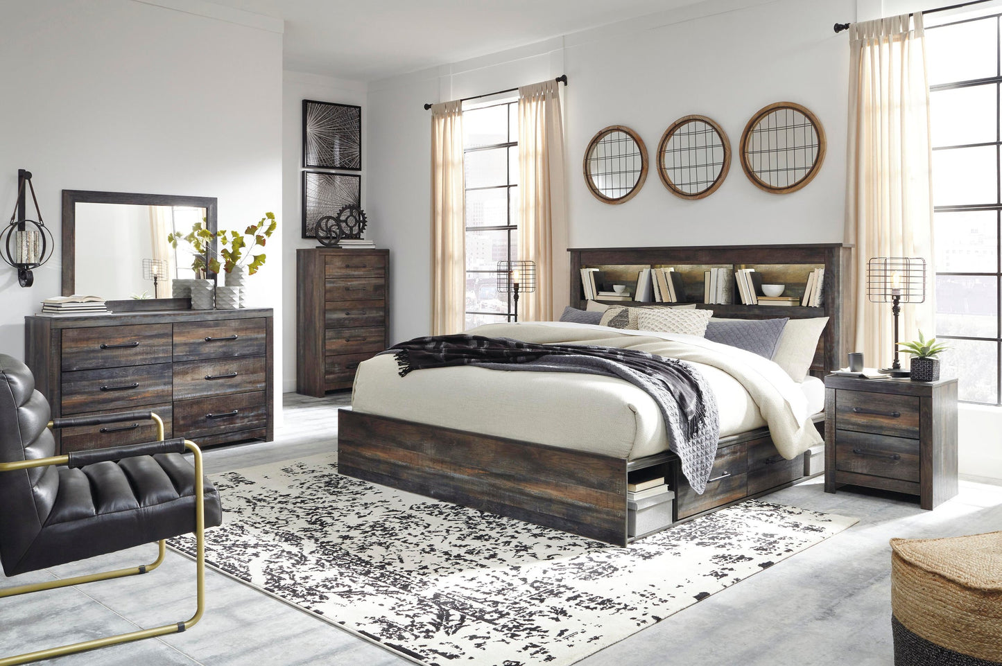 Cama Drystan King con estantería, 2 cajones de almacenamiento y tocador con espejo