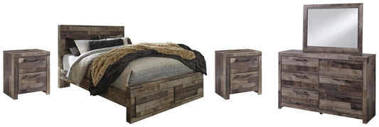 Cama Derekson tamaño Queen con cabecero y dos cajones, tocador con espejo, cómoda y mesita de noche.