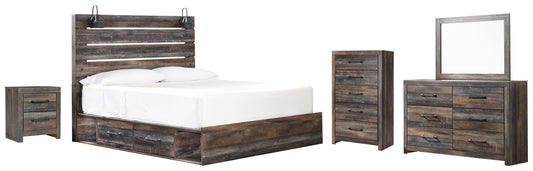 Cama Drystan tamaño King con cuatro cajones, tocador con espejo, cómoda y mesita de noche.