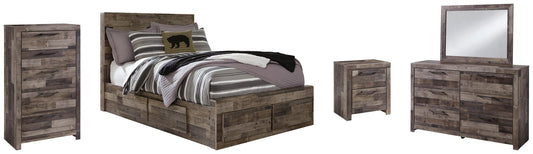 Cama Derekson de tamaño completo con 6 cajones, tocador con espejo, cómoda y mesita de noche.