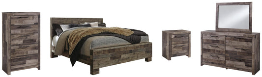 Cama Derekson tamaño king con cabecero, tocador con espejo, cómoda y mesita de noche