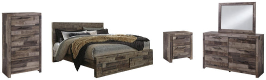 Cama Derekson tamaño King con cabecero y dos cajones, tocador con espejo, cómoda y mesita de noche.