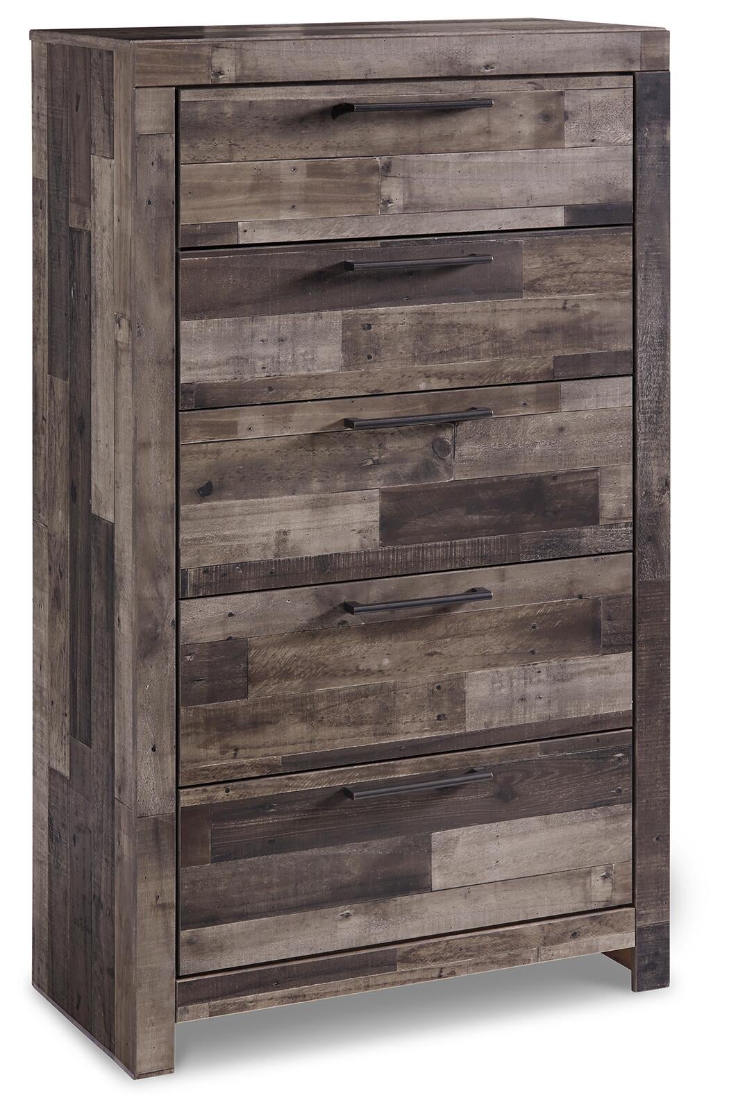 Cama Derekson de tamaño completo con dos cajones, tocador con espejo, cómoda y mesita de noche.