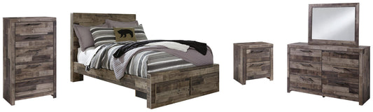 Cama Derekson de tamaño completo con dos cajones, tocador con espejo, cómoda y mesita de noche.