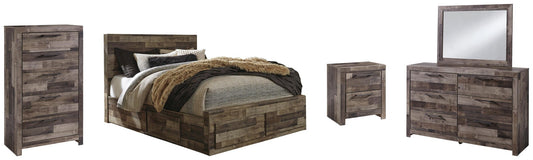 Cama Derekson tamaño Queen con cabecero y cuatro cajones, tocador con espejo, cómoda y mesita de noche.