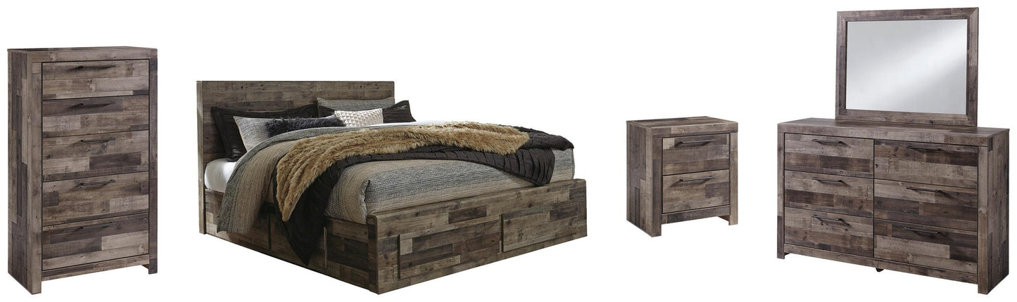 Cama Derekson tamaño King con cabecero y cuatro cajones, tocador con espejo, cómoda y mesita de noche.