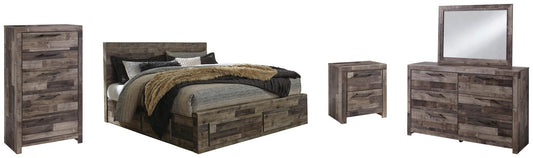 Cama Derekson tamaño King con cabecero y cuatro cajones, tocador con espejo, cómoda y mesita de noche.