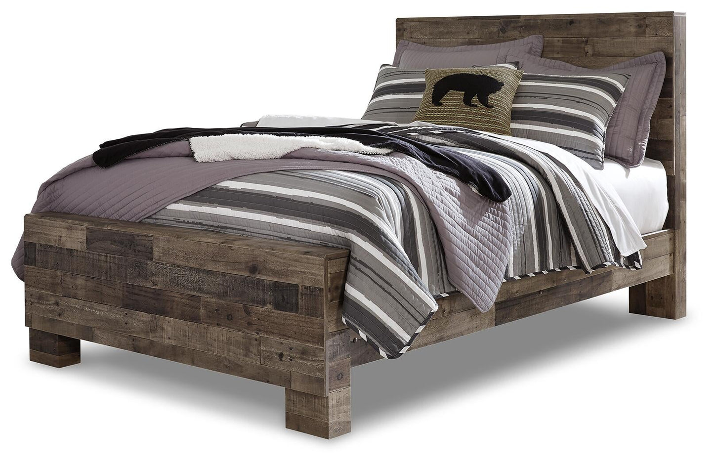 Cama Derekson de tamaño completo con tocador con espejo, cómoda y mesita de noche