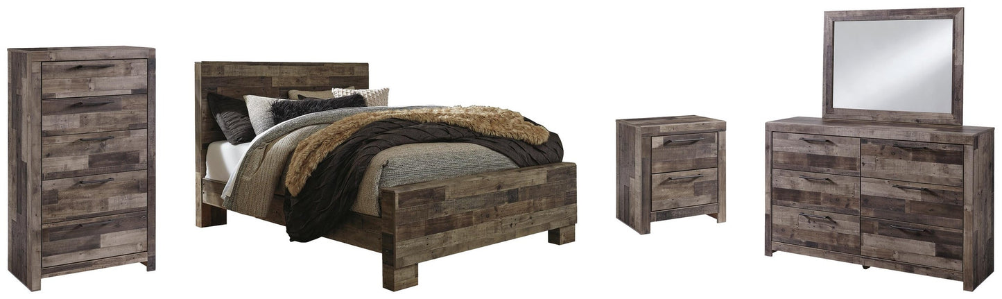 Cama Derekson tamaño Queen con cabecero, tocador con espejo, cómoda y mesita de noche