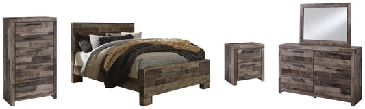 Cama Derekson tamaño Queen con cabecero, tocador con espejo, cómoda y mesita de noche