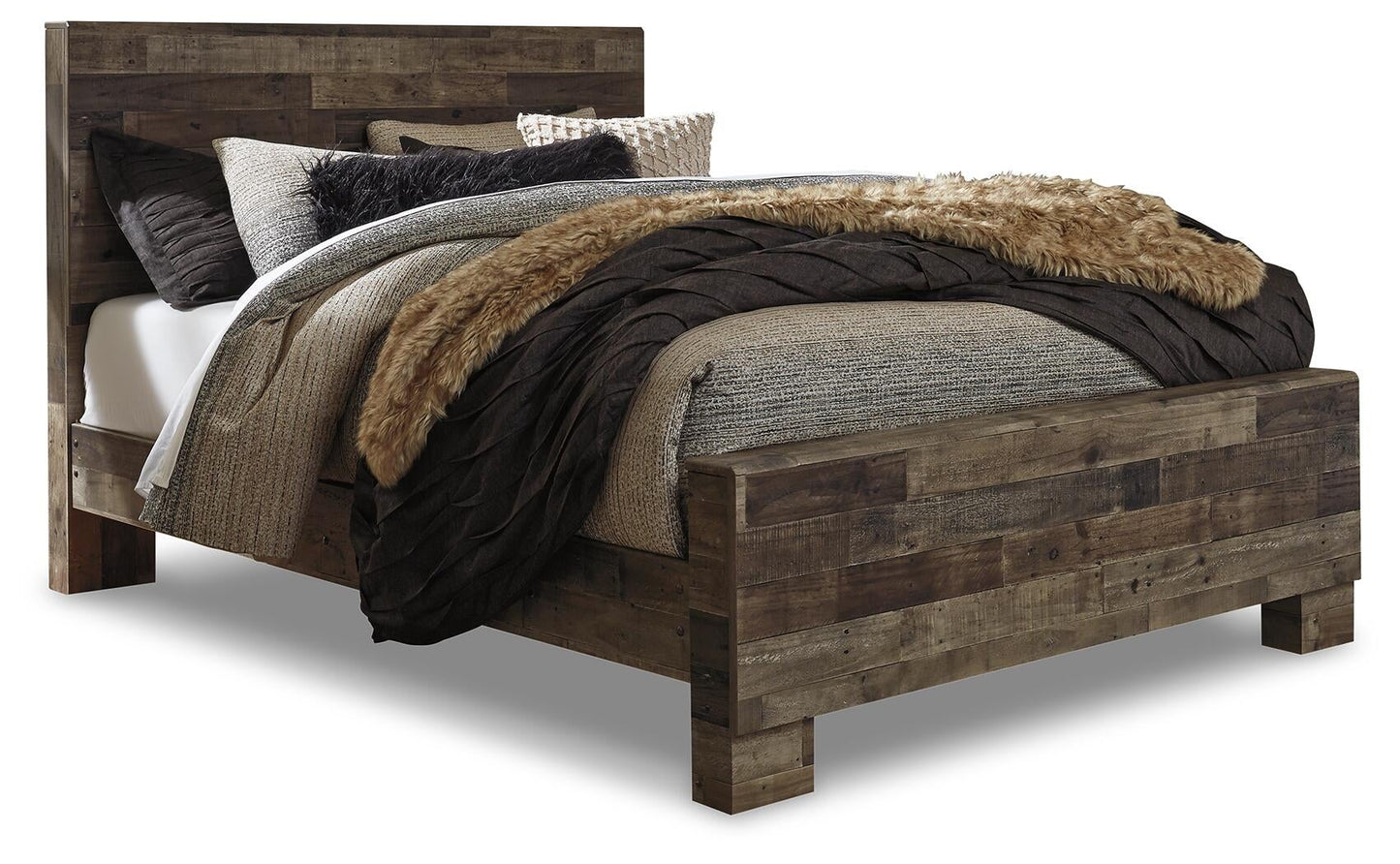 Cama Derekson tamaño Queen con cabecero, tocador con espejo, cómoda y mesita de noche