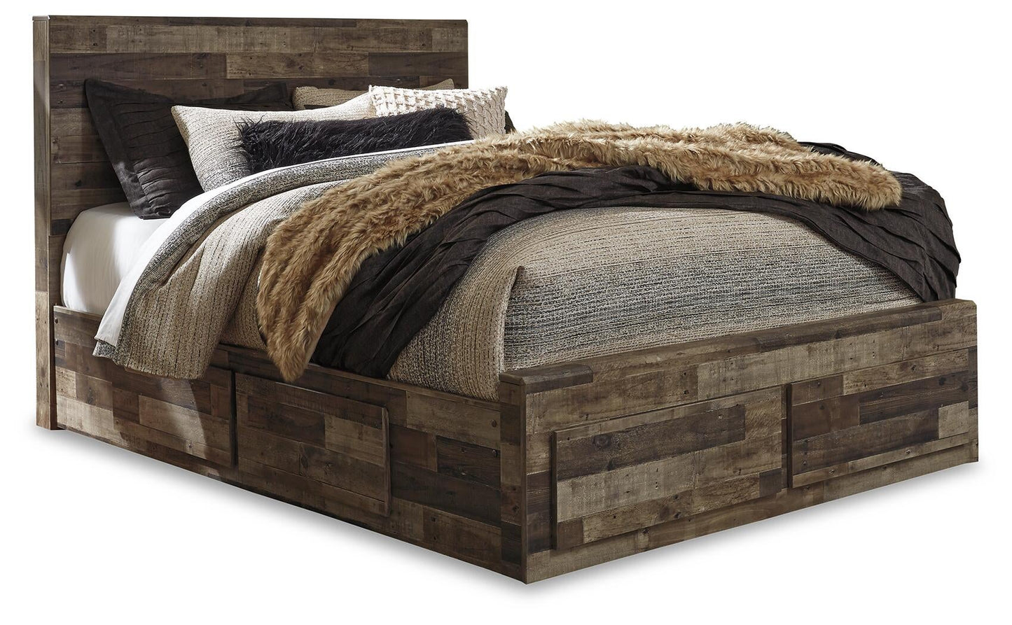 Cama Derekson tamaño Queen con cabecero y 6 cajones, tocador con espejo, cómoda y mesita de noche.
