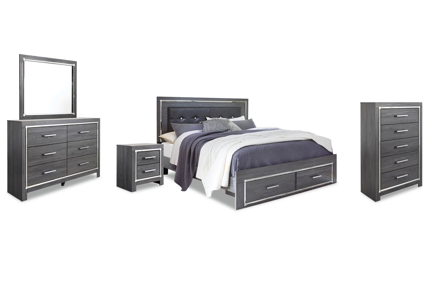 Cama Lodanna tamaño King con dos cajones, tocador con espejo, cómoda y mesita de noche.