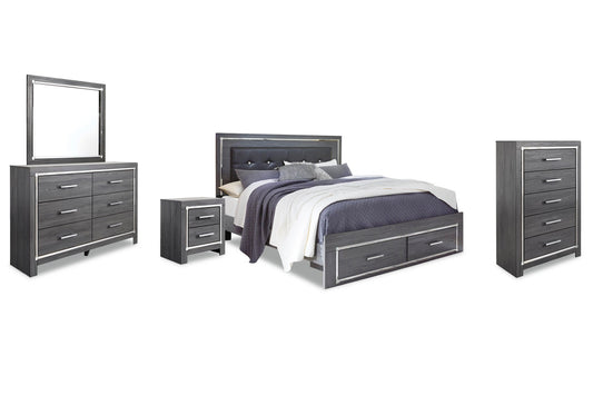Cama Lodanna tamaño King con dos cajones, tocador con espejo, cómoda y mesita de noche.