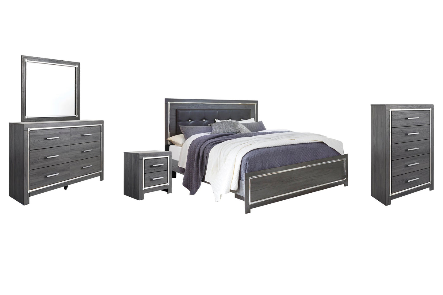 Cama Lodanna tamaño king con cabecero, tocador con espejo, cómoda y mesita de noche