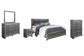 Cama Lodanna tamaño king con cabecero, tocador con espejo, cómoda y mesita de noche