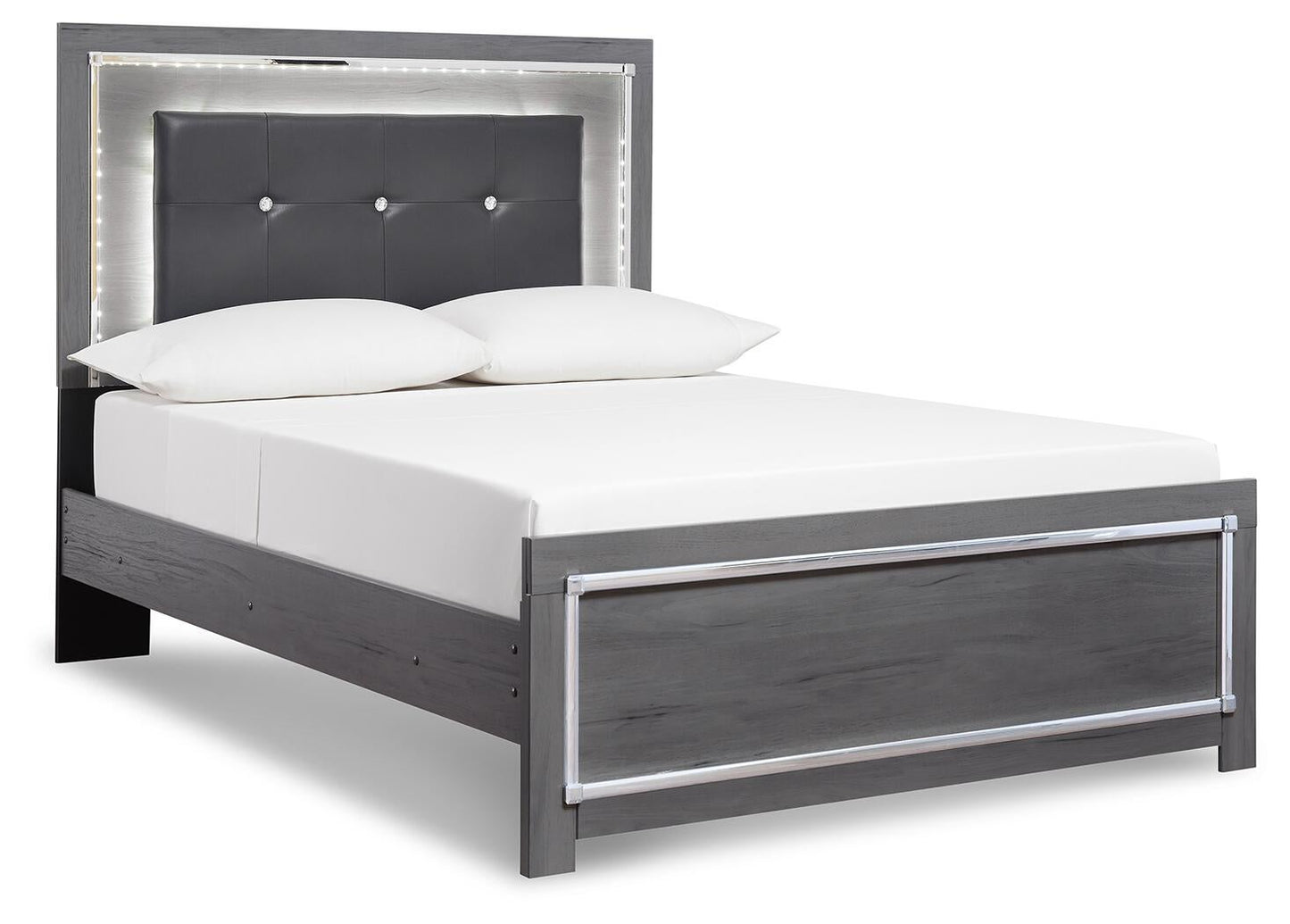 Cama Lodanna tamaño king con cabecero, tocador con espejo, cómoda y mesita de noche