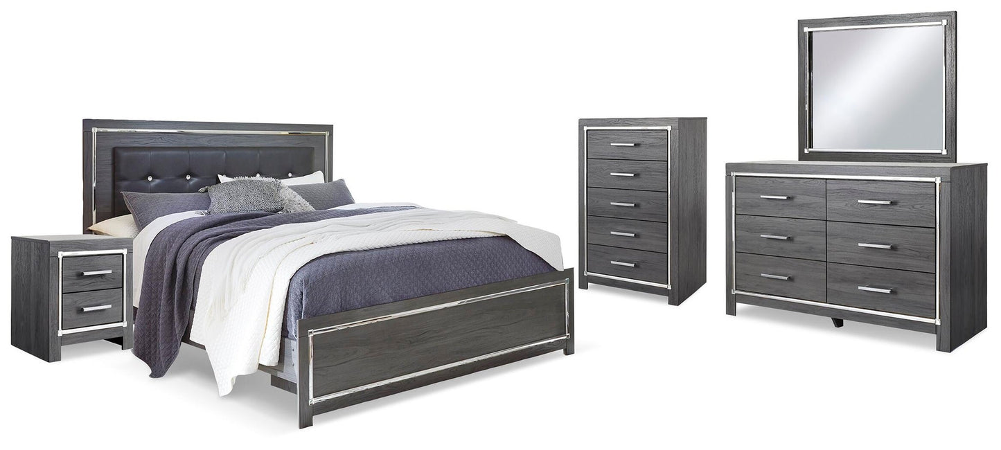 Cama Lodanna tamaño king con cabecero, tocador con espejo, cómoda y mesita de noche