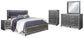 Cama Lodanna tamaño king con cabecero, tocador con espejo, cómoda y mesita de noche