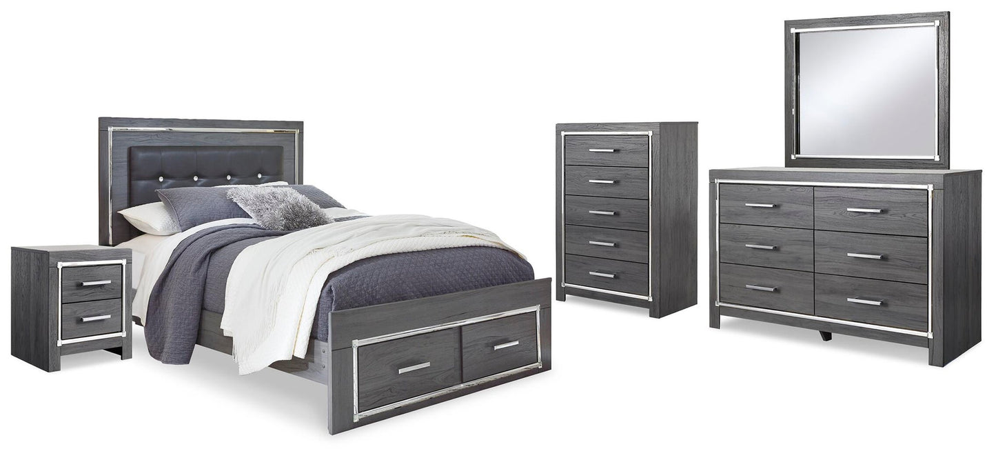 Cama Lodanna tamaño Queen con dos cajones, tocador con espejo, cómoda y mesita de noche.