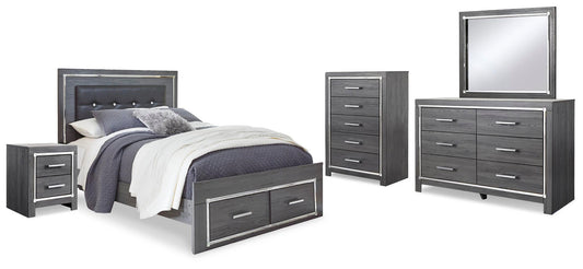 Cama Lodanna tamaño Queen con dos cajones, tocador con espejo, cómoda y mesita de noche.
