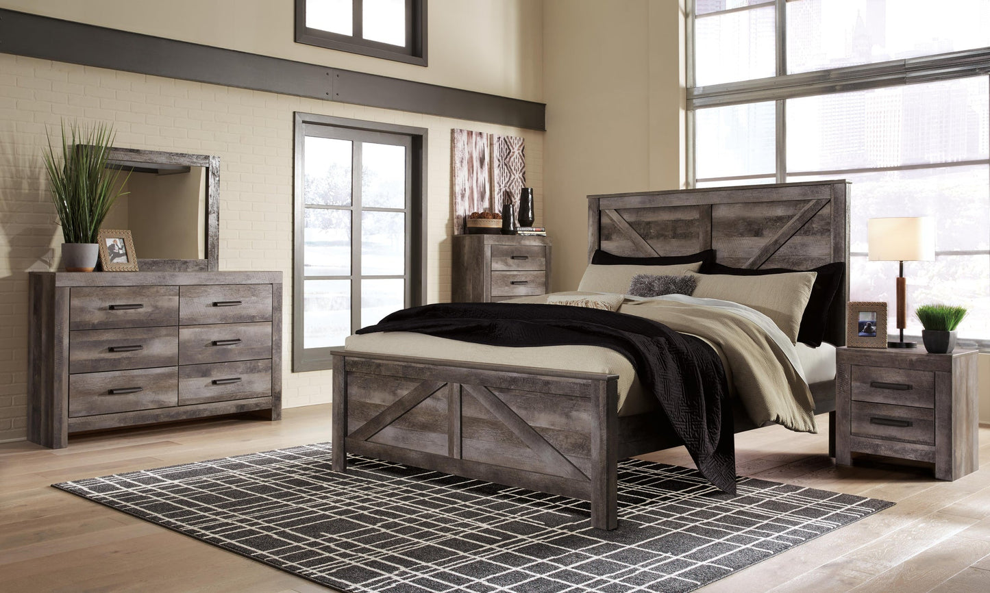 Cama Wynnlow King Crossbuck con cabecero y tocador con espejo
