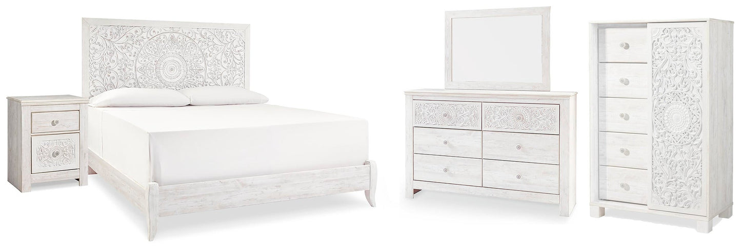 Cama Paxberry tamaño King con cabecero, tocador con espejo, cómoda y mesita de noche