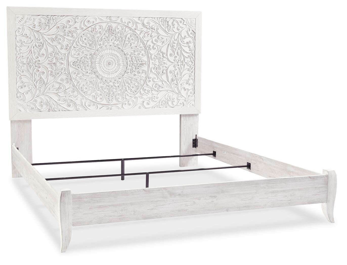 Cama Paxberry tamaño King con cabecero, tocador con espejo, cómoda y mesita de noche