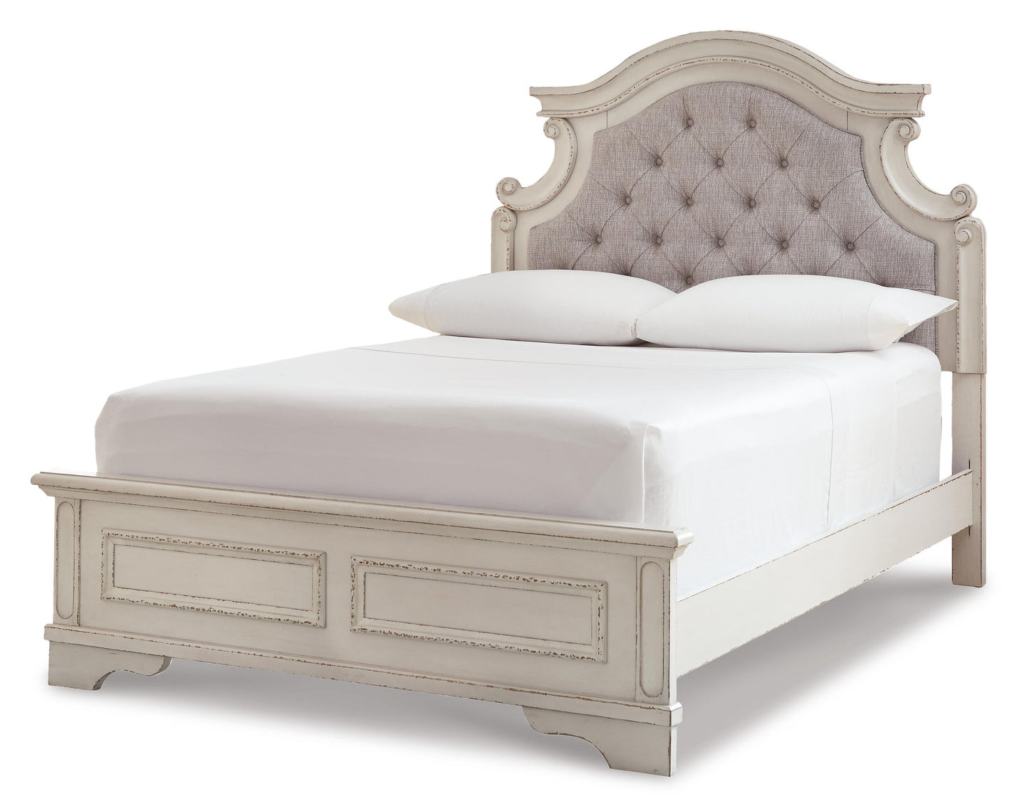 Cama Realyn de tamaño completo con tocador con espejo, cómoda y mesita de noche
