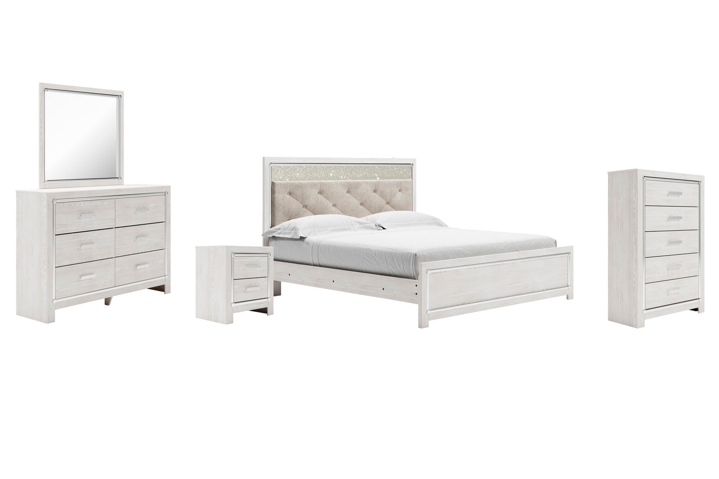 Cama Altyra King con cabecero, tocador con espejo, cómoda y mesita de noche